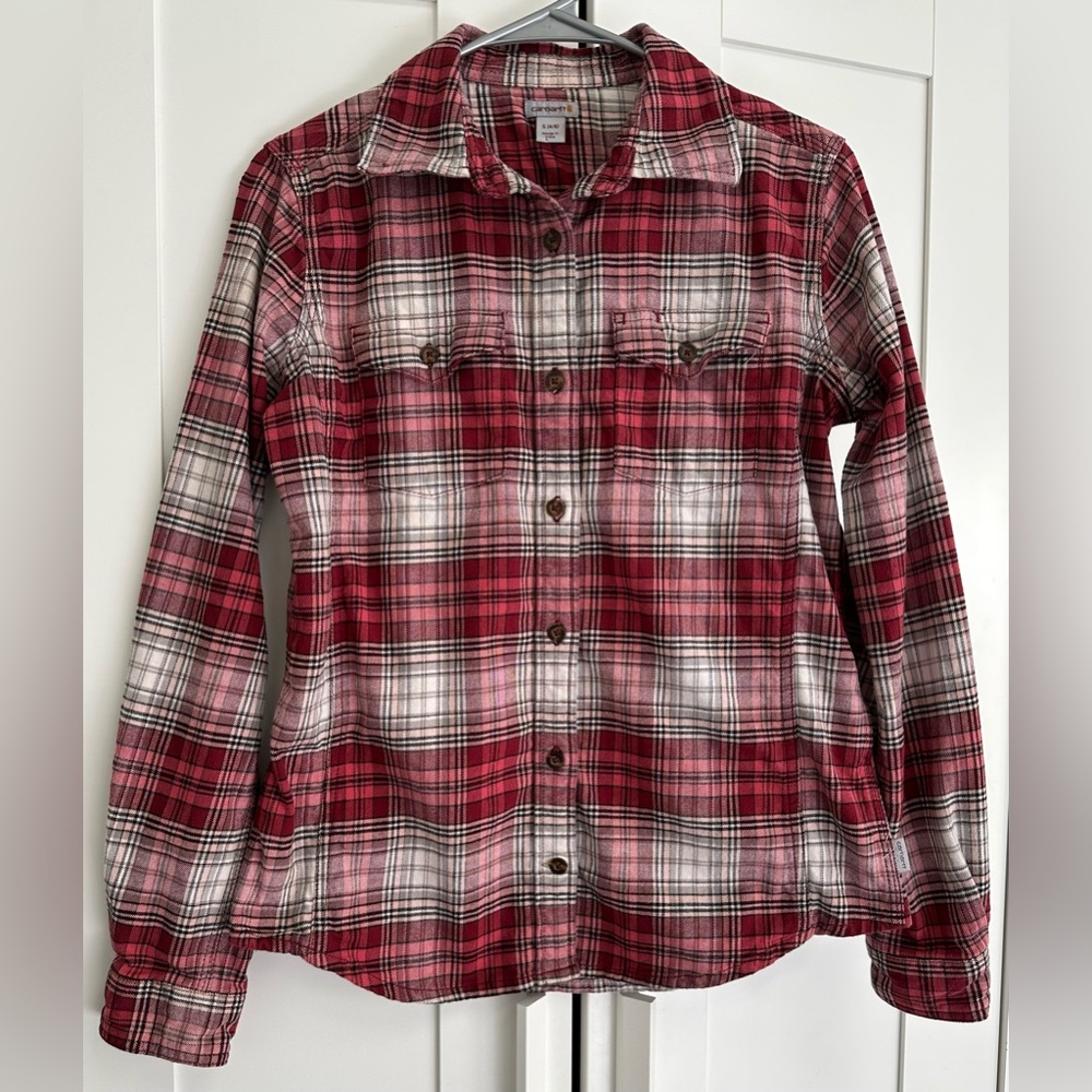 Carhartt Flannel Shirt Womens S (4/6) Tartan Plaid Pink Red White